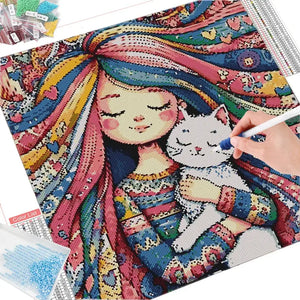 Gato de niña de pintura de diamantes