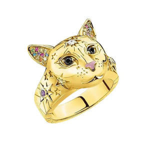 Bague chat dorée en argent 925 avec zircon