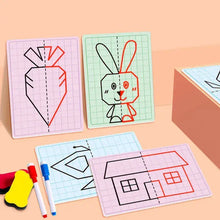 Pastel-colored drawing mats with grid lines and symmetrical drawings for enfants in magasins de jouets and déguisement carnaval use