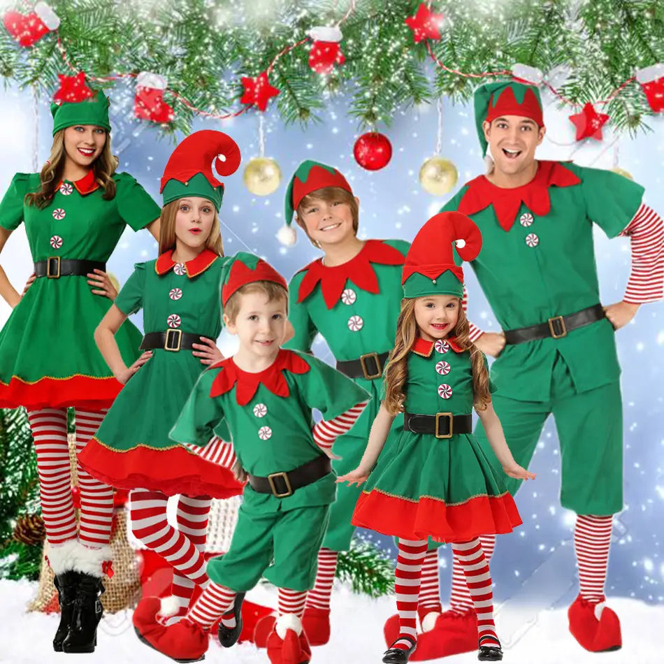 Tenue de fête de noël Costume elfe vert pour famille