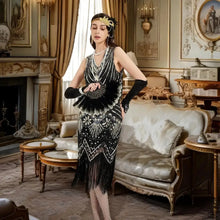 Robe charleston années 1920 noire perles argentées sequins avec franges style flapper pour costume vintage