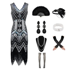 Robe charleston années 1920 noire et argentée à perles avec franges pour costume années folles
