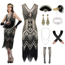 Robe charleston années 1920 noire et dorée en perles avec franges style flapper pour costume vintage