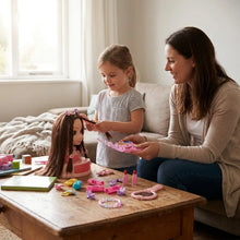 Tête à coiffer en plastique rose avec cheveux longs bruns sur base rose pour déguisement carnaval en magasins de jouets