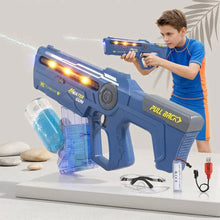 Pistolet à eau électrique rechargeable bleu et gris avec réservoir transparent et effets lumineux orange