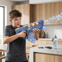 Pistolet à eau bleu en plastique avec réservoir transparent effets lumineux orange et batterie rechargeable