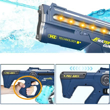 Pistolet à eau électrique rechargeable bleu avec effets lumineux orange le long du canon et accents jaunes