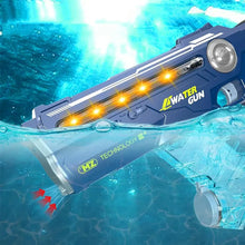 Pistolet à eau électrique rechargeable bleu et argent avec effets lumineux orange et batterie rechargeable intégrée