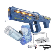 Pistolet à eau électrique bleu en plastique avec effets lumineux orange et batterie rechargeable à mécanisme pull back