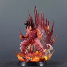 Figurine dragon ball de goku rouge et rose en forme super saiyan de 38 cm avec base noire et flammes orange intense