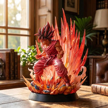 Figurine dragon ball de 38 cm représentant guerrier super saiyan rouge et orange avec aura puissante et corps musclé