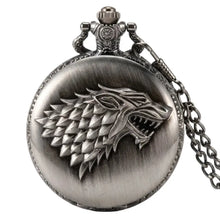 Montre à gousset argentée avec loup à quartz embossé en métal finition antique et chaîne attachée