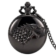 Montre à gousset noire métallique avec emblème embossé de loup direwolf pour un gousset loup à quartz élégant