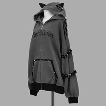 Veste à capuche punk femme grise en velours avec capuche oreilles de chat rivets argentés et fermeture zippée coupe ample