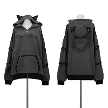 Veste à capuche punk femme grise avec fermeture zippée coupe ample et oreilles de chat noires rivetées