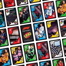 Cartes à jouer uno formule 1 édition thématique uno avec designs colorés inspirés du sport automobile et portraits de pilotes