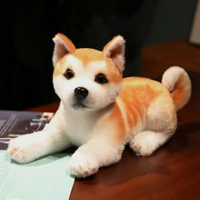 Peluche chien akita orange et blanc avec fourrure douce, yeux en bouton noirs et queue enroulée peluche chien akita shiba