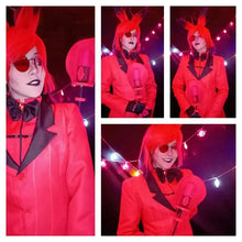 Costume cosplay alastor hazbin hazbin hotel veste rouge vif sur mesure avec revers noirs et nœud papillon noir