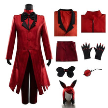 Red satin tuxedo coat with black lapels and matching vest paired with red shirt and black bow tie costume cosplay alastor hazbin hazbin hotel