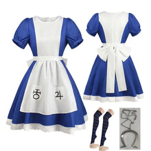 Robe cosplay alice madness returns bleu et blanc avec manches bouffantes, dentelle et poches brodées tailles S à 3XL