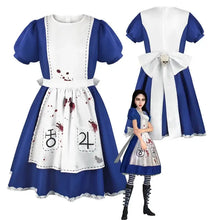 Robe cosplay alice madness returns bleu et blanc avec taches de sang bas rayés noir et blanc et noeud crane vue dos