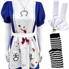 Robe cosplay alice madness returns bleu et blanc avec motif éclaboussures de sang et pendentif omega argenté