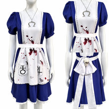 Robe cosplay alice madness returns bleu et blanc avec éclaboussures de sang nœud papillon crâne et collier oméga