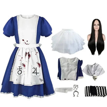 Robe cosplay alice madness returns bleu et blanc avec taches de sang et bordure en dentelle tailles s à 3xl