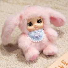 Peluche animal kawaii lapin rose en peluche avec grandes oreilles et bavette bleue ciel 18 cm visage vinyle