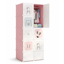 Armoire enfant verticale modulable rose et blanche avec portes décor animaux pour rangement enfant