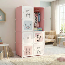 Armoire enfant verticale modulable rose et blanche avec portes à décors animaux pour rangement enfant