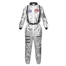 Déguisement astronaute halloween adulte en combinaison spatiale argentée brillante avec sangles noires et patches