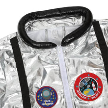 Déguisement astronaute halloween adulte veste argentée avec col rembourré noir et patchs brodés space program satellite project
