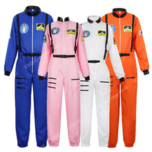 Déguisement astronaute halloween pour adulte en versions colorées bleu, rose, blanc et orange avec ceintures et patchs