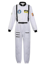 Déguisement astronaute halloween pour adulte en combinaison blanche avec bordures noires et patchs, versions colorées taille disponible