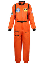 Déguisement astronaute halloween pour adulte en combinaison orange vif avec bandes noires zips et patches versions colorées taille