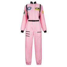 Déguisement astronaute halloween pour adulte en combinaison rose avec bordures noires, patches et ceinture, versions colorées taille