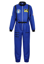 Déguisement astronaute halloween adulte en combinaison bleu royal vif avec galons noirs et ceinture ajustable versions colorées taille