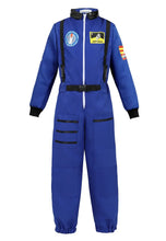 Déguisement astronaute halloween adulte en combinaison bleue avec liseré noir, patches et sangles, versions colorées taille disponible