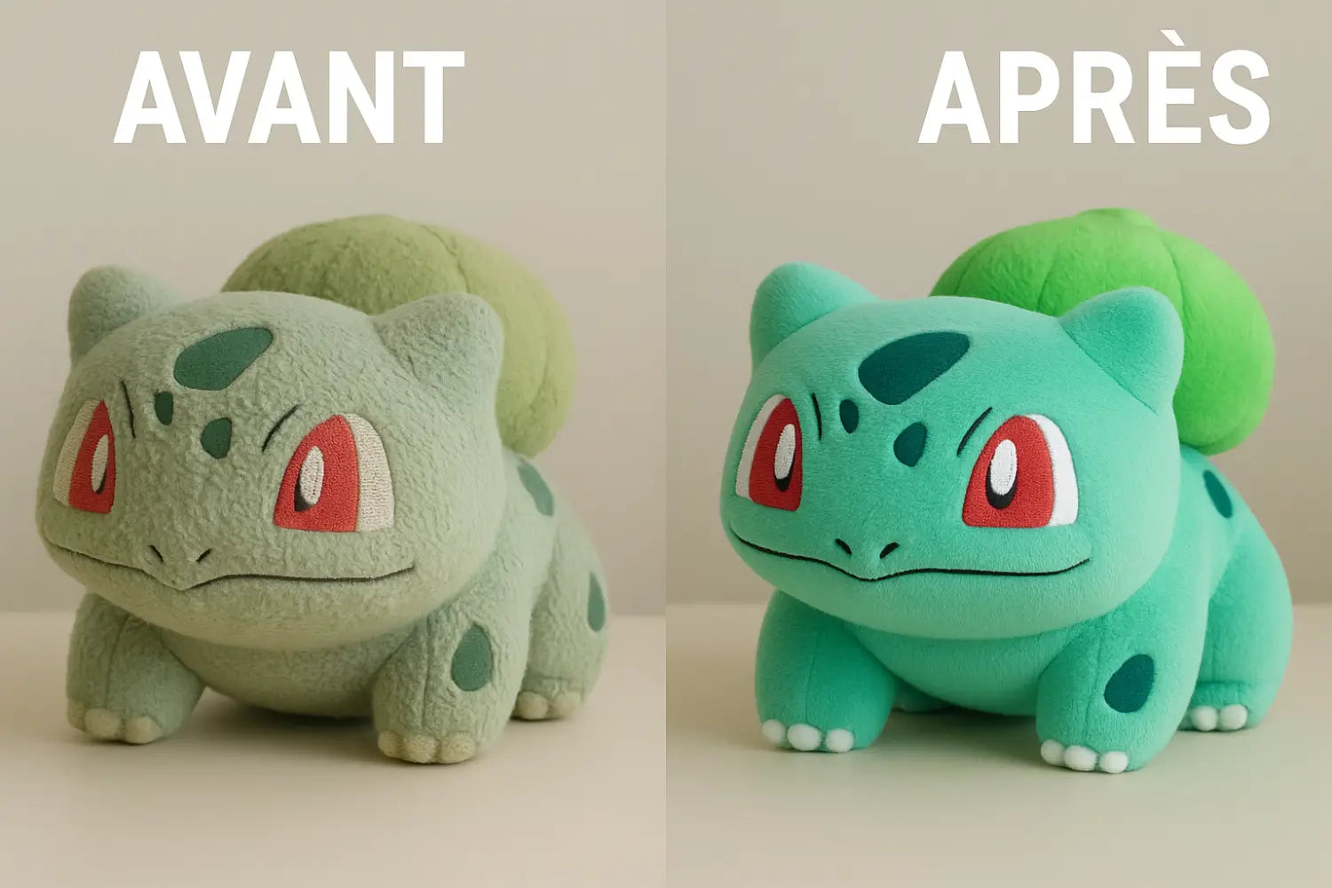Avant/Après d’une peluche Bulbizarre montrant la différence de couleurs et de textures.
Restauration esthétique et ravivation des couleurs