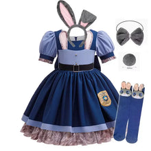 Déguisement pat patrouille robe fille bleue avec manches bouffantes, dentelle et badge doré de police