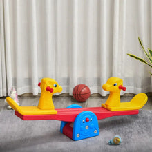 Balançoire à bascule double homcom en plastique coloré avec sièges canard jaunes, poutre rouge et base éléphant bleue charge maximale dès 12 mois