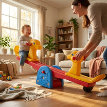 Bascule double homcom en plastique jaune et rouge avec base bleue en forme dours pour enfants dès 12 mois charge maximale adaptée