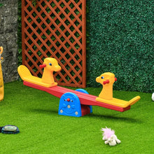 Balançoire à bascule double homcom jaune en forme de canard avec charge maximale sur base bleue souriante sur herbe verte