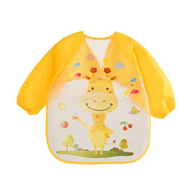 Bavoir tablier à manches longues jaune pour enfant avec design girafe souriante et éléments colorés sur devant transparent