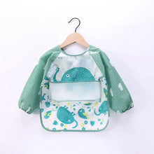 Bavoir tablier à manches longues vert et blanc avec motif éléphant et poche transparente avant pour enfant