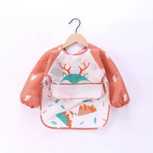 Bavoir tablier à manches longues pour enfant corail et blanc rayé avec motif renard bleu canard