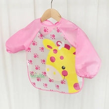 Bavoir tablier à manches longues pour enfant avec motif girafe rose et jaune et panneau transparent à imprimé pattes roses