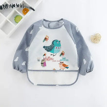 Bavoir tablier à manches longues pour enfant rayé blanc et gris avec motif oiseau coloré pour repas propre