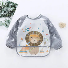 Bavoir tablier à manches longues transparent avec manches grises rayées et lion cartoon coloré pour enfant